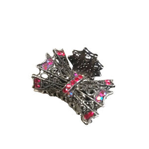 Blood Red Fire Rhinestone Black Silver Tone Metal Hair Barrette Clip